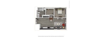A 3D rendered image of a modern apartment.