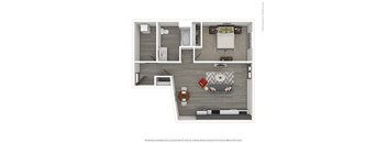 A 3D rendered image of a modern apartment.