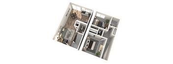 A 3D floor plan of a two-story apartment with a living room, kitchen, dining room, and bedrooms.