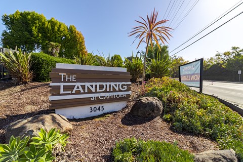 the landing at catalina sign at the entrance of the building
