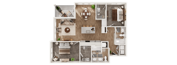 A top-down view of a house layout with a living room, kitchen, and bathrooms.
