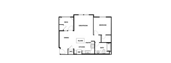 A floor plan of a house with a deck, dining room, kitchen, pantry, bathroom, bedroom, and great room.