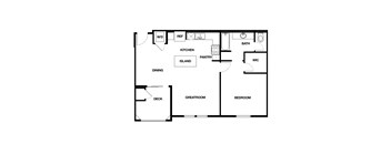 A floor plan of a house with a kitchen, dining room, living room, bedroom, and bathroom.