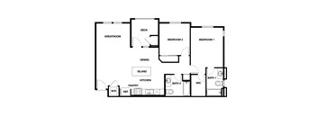 A floor plan of a house with a kitchen, pantry, two bathrooms, a dining area, a deck, and two bedrooms.