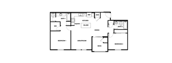 A floor plan of a house with labeled rooms such as Bedroom 1, Bath 1, Kitchen, Dining, and others.