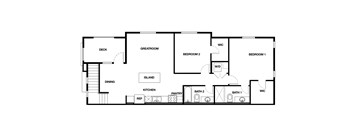 A black and white floor plan of a house with a deck, two bedrooms, a dining area, kitchen, bathrooms, and a pantry.