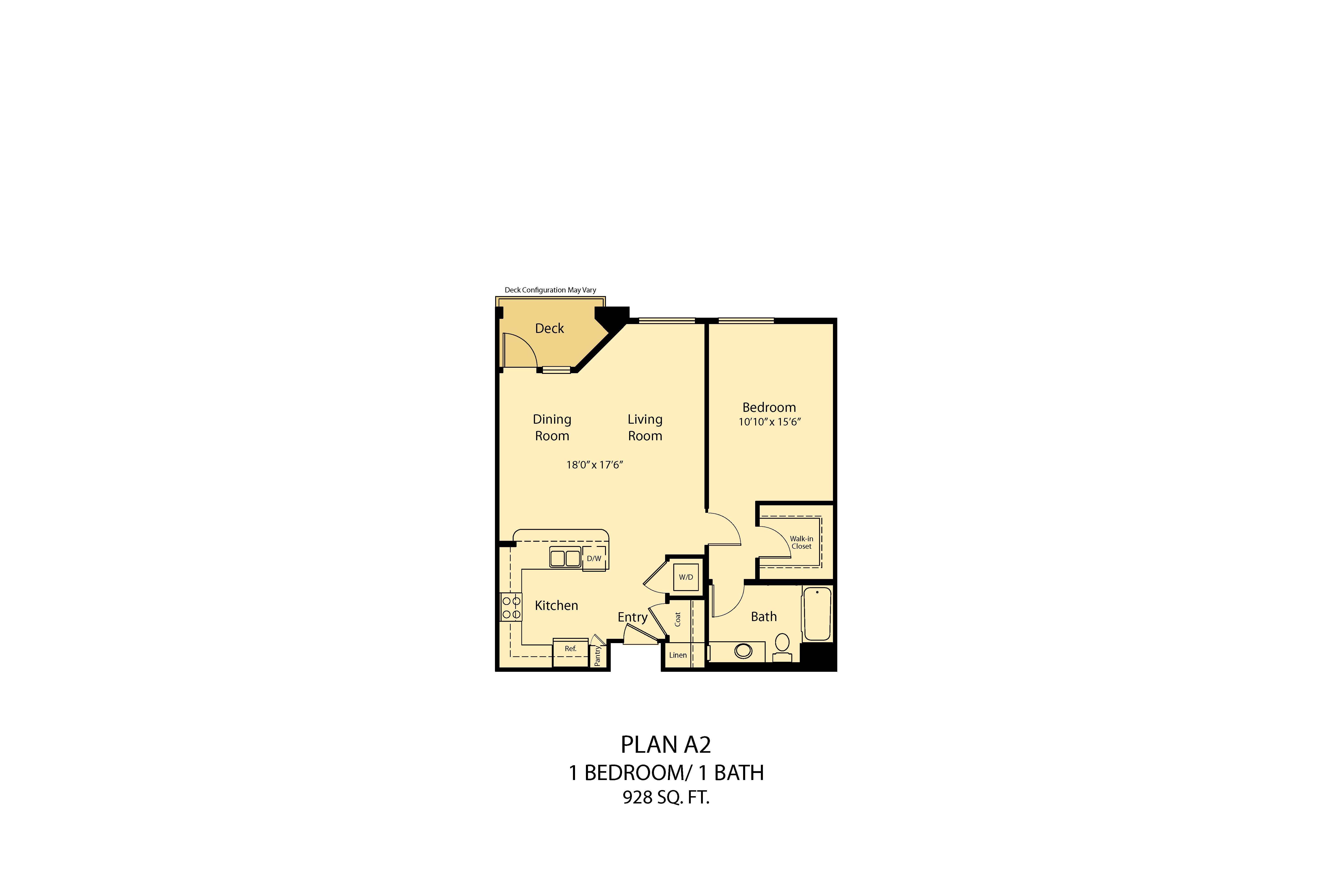 A floor plan of a one bedroom apartment with a kitchen and living room.