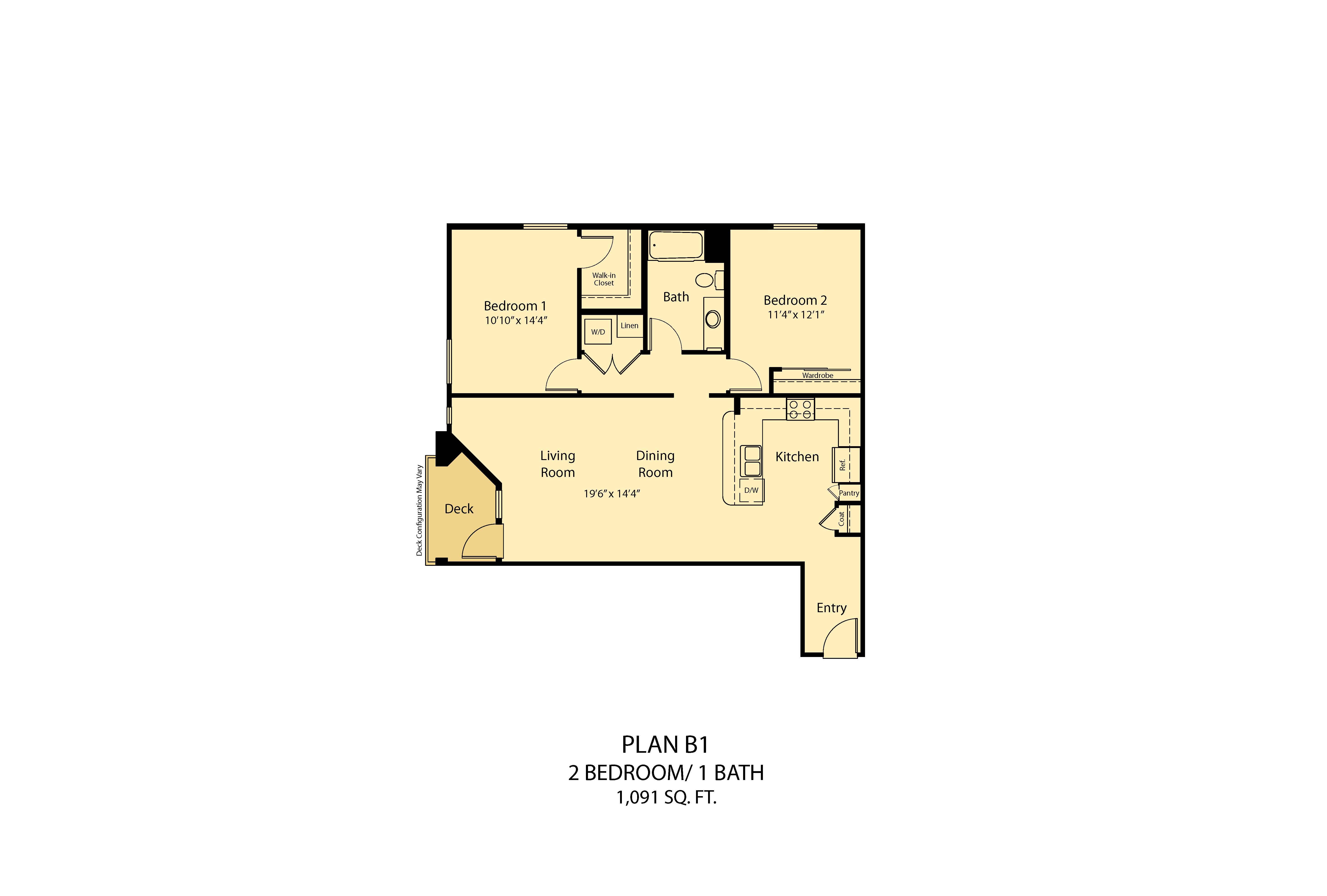 A floor plan of a small apartment with two bedrooms and a living room.