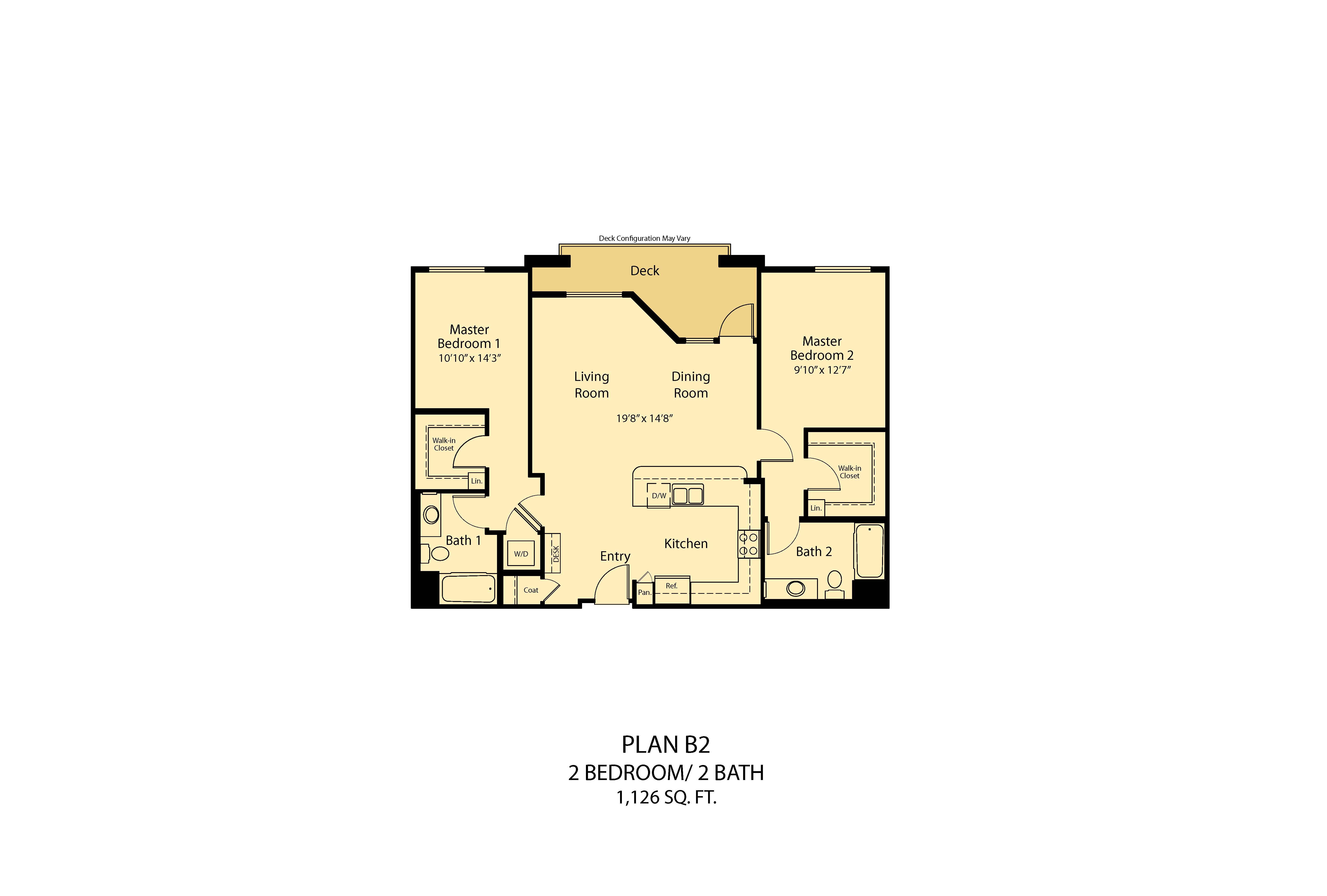 A floor plan of a home with two bedrooms, two bathrooms, and a deck.