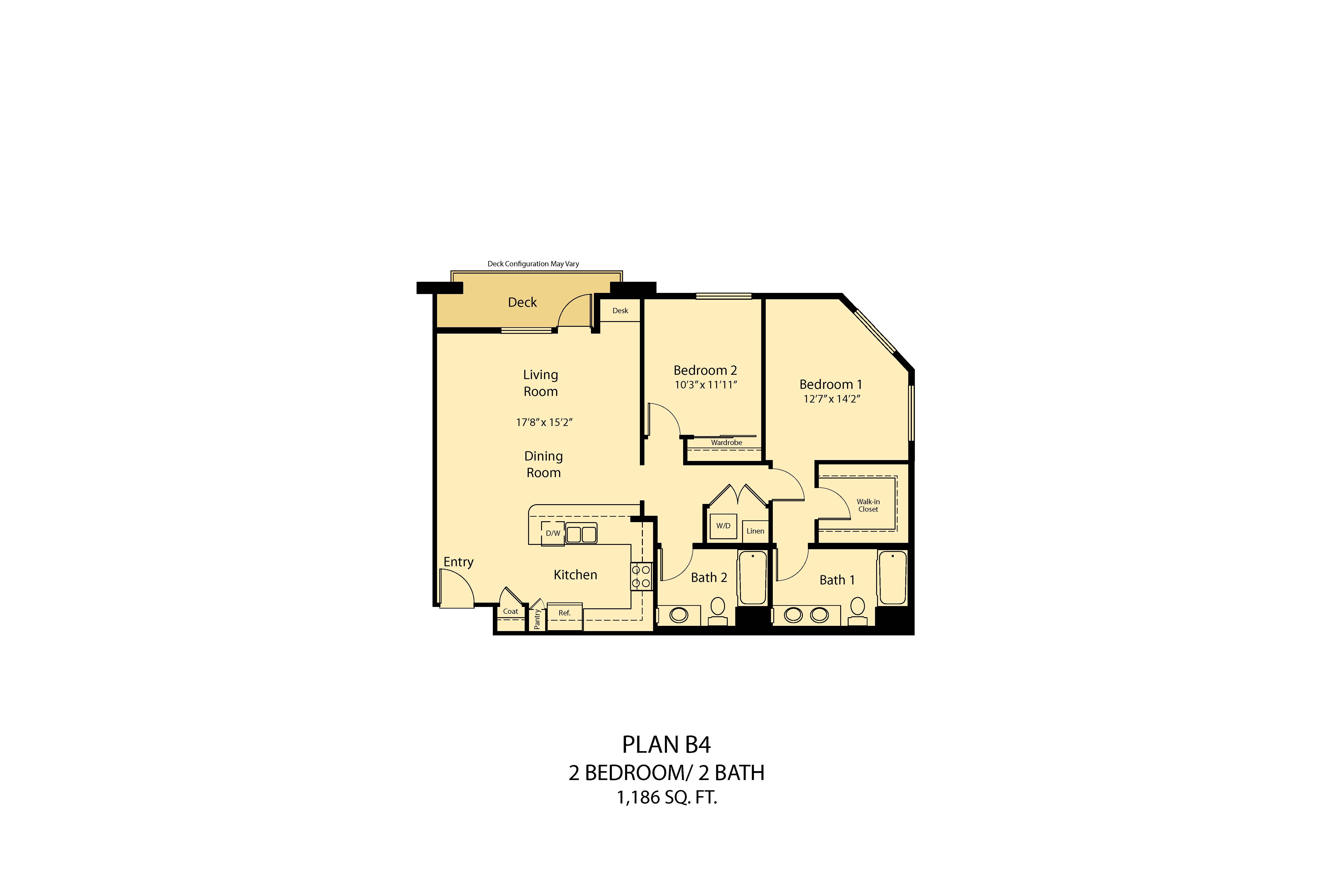 A floor plan of a small apartment with two bedrooms and two bathrooms.