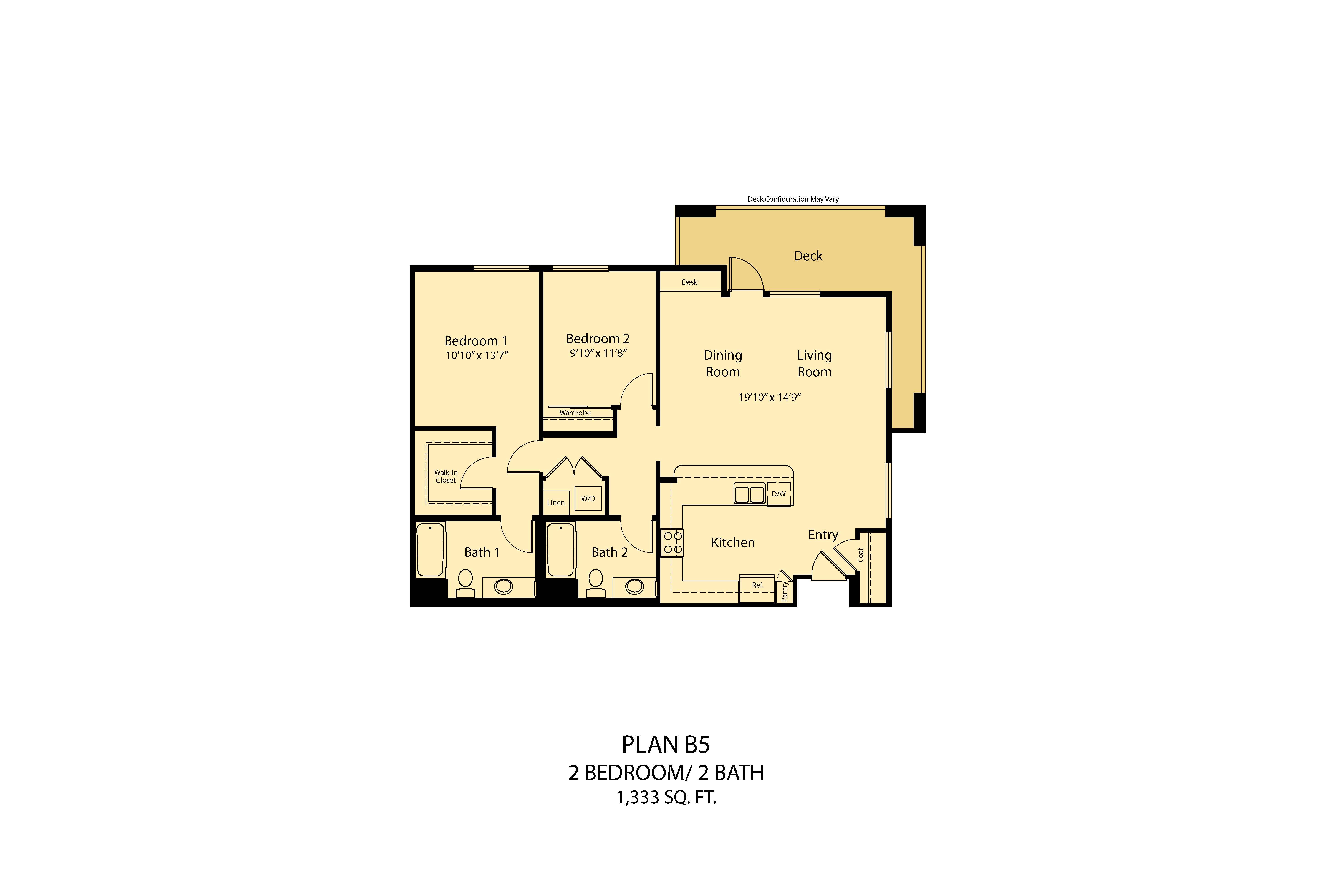 A floor plan for a home with two bedrooms, two bathrooms, and a deck.