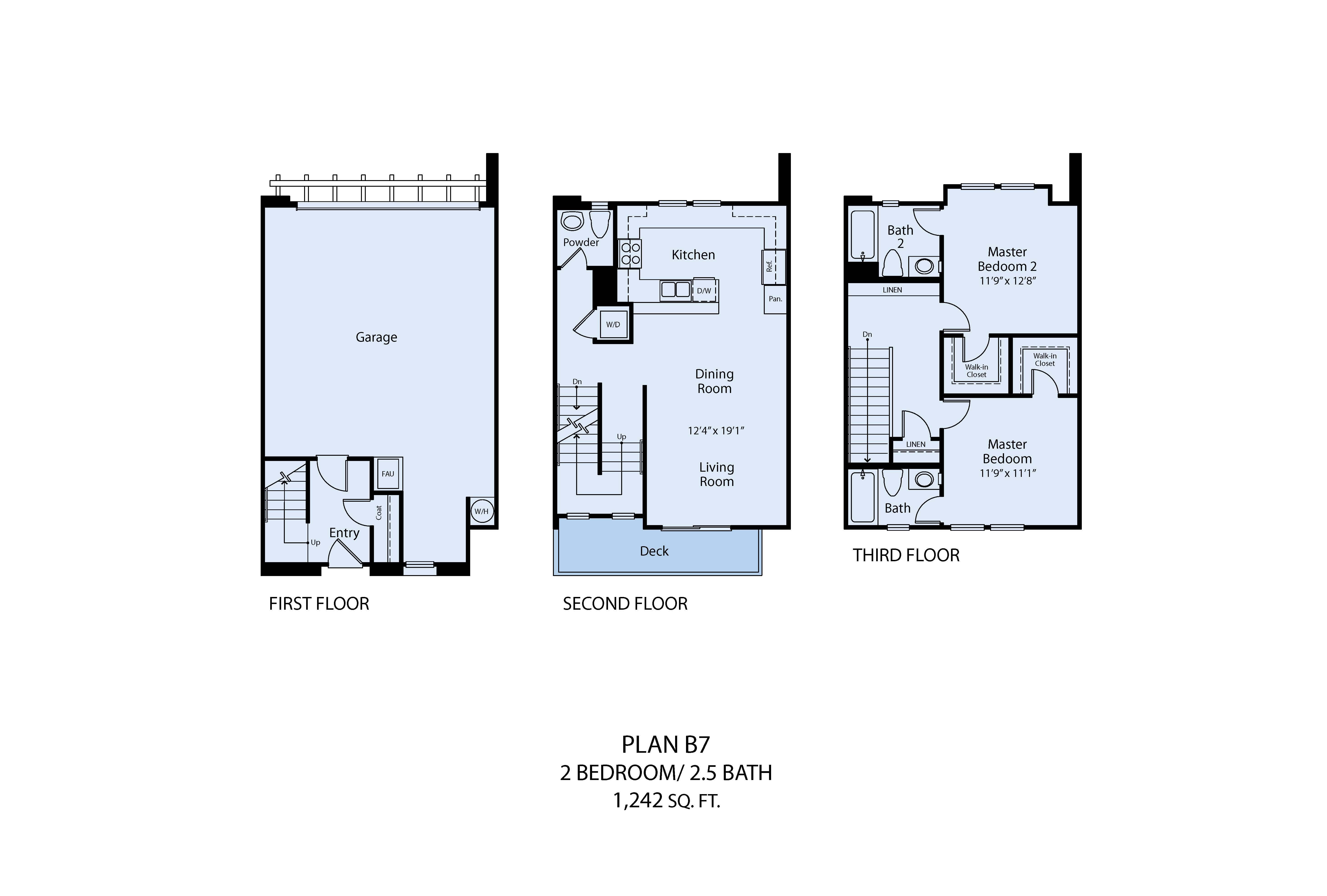 A floor plan for a home with three bedrooms and a garage.