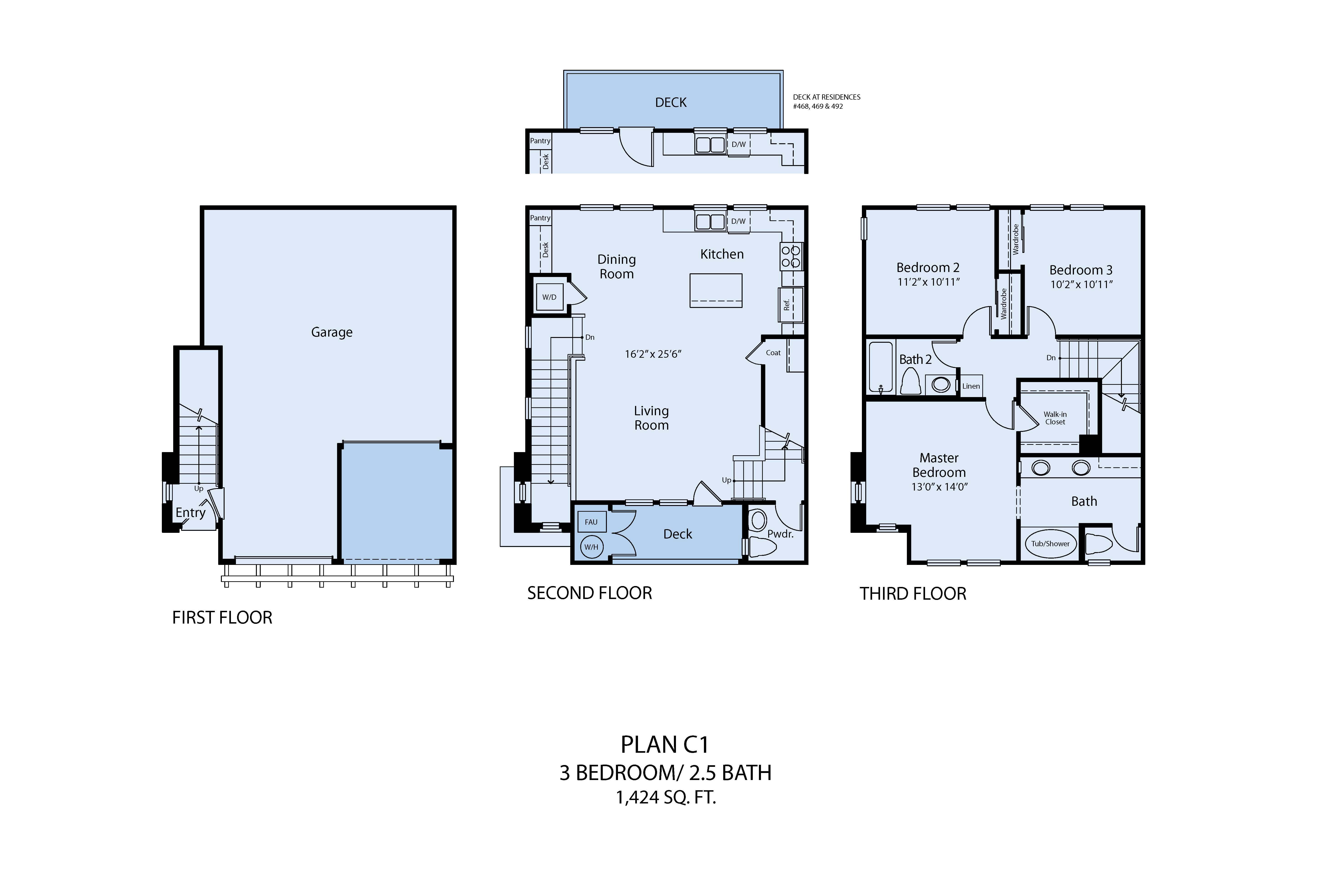 A diagram of a three bedroom apartment with a first, second and third floor.
