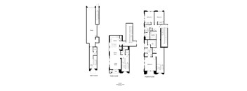 A black and white image of a floor plan for a house with three bedrooms.