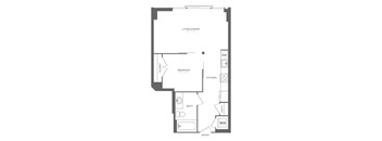 A floor plan of a small apartment with a living/dining area, bedroom, kitchen, bathroom, and two closets.