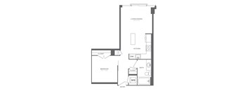 A black and white image of a floor plan for a small apartment.
