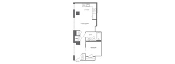 A floor plan of a small apartment with a kitchen, living room, dining room, bathroom, bedroom, and closet.