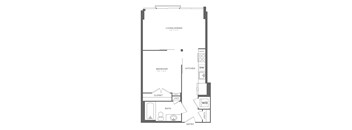 A floor plan of a small apartment with a bedroom, bathroom, kitchen, and closet.