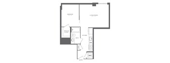 A floor plan of a small apartment with a bedroom, living/dining area, kitchen, and bathroom.