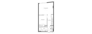 A floor plan of a small apartment with a living/dining area, bedroom, bathroom, kitchen, pantry, and closet.