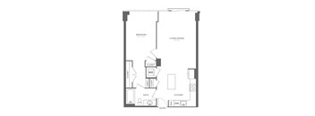 A floor plan of a house with a living room, dining room, kitchen, bathroom, and two closets.