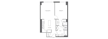 A black and white image of a floor plan for a small apartment.