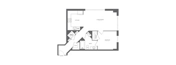 A floor plan of a home with a kitchen, living room, and bathroom.