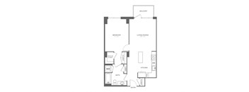 A floor plan of an apartment with a bedroom, living/dining room, kitchen, bath, and entry.