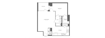 A floor plan of a house with a balcony, living/dining area, kitchen, pantry, bath, and bedroom.