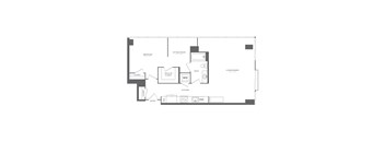 A floor plan of a house with a bedroom, sitting room, kitchen, and bath.