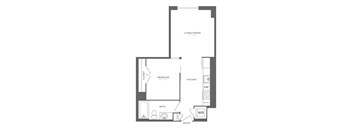 A black and white image of a floor plan for a small apartment.