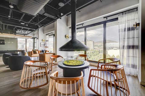 Seating area with window views of the mountains