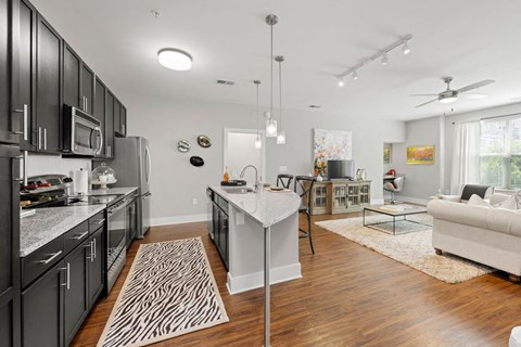 A modern kitchen with dark wood cabinets and a zebra print rug on the floor.