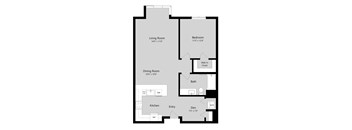 A floor plan of a house with a living room, dining room, kitchen, and bath.