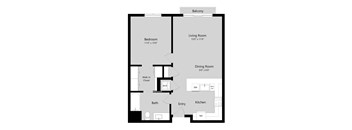 A floor plan of a house with a balcony, bedroom, living room, dining room, kitchen, bath, and walk-in closet.