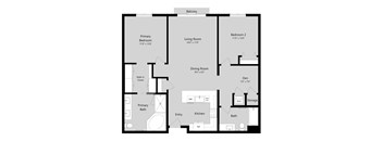 A floor plan of a balcony apartment with two bedrooms, a living room, a dining room, a kitchen, a primary bath, a secondary bath, and a walk-in closet.