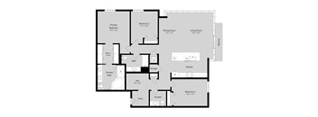 A floor plan of a house with three bedrooms, a living room, a dining room, a kitchen, a bathroom, a storage area, and a balcony.