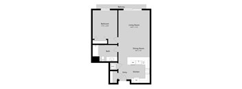 A floor plan of a balcony with a bedroom, living room, dining room, kitchen, bath, and entry.