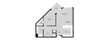 A floor plan of a house with a balcony, living room, dining room, kitchen, bathroom, and bedroom.
