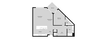 A floor plan of a house with a living room, dining room, kitchen, and bathroom.