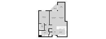 A floor plan of a home with a den, balcony, and a walk-in closet.