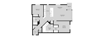 A floor plan of a house with a primary bedroom, two bathrooms, a living room, a dining room, a kitchen, a storage area, and two bedrooms.