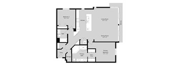 A floor plan of a house with a primary bedroom, a living room, a dining room, a kitchen, a bath, and a storage area.