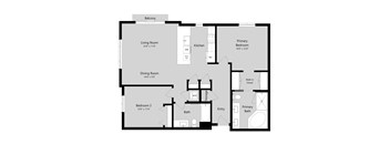 A floor plan of a house with a living room, dining room, two bedrooms, a kitchen, a bath, and a balcony.