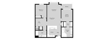 A floor plan of a house with a living room, two bedrooms, a dining room, a kitchen, a bathroom, a den, a walk-in closet, and a storage area.