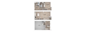A floor plan of a house with a living room, kitchen, and two bedrooms.
