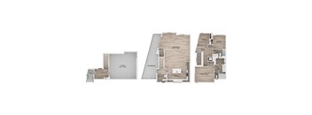 Three different layouts of a house with wood flooring and white walls.