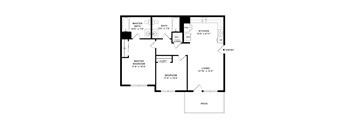 A floor plan of a house with a master bedroom, a bath, a kitchen, a living room, and a patio.