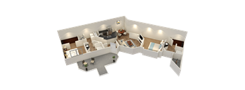 A 3D floor plan of a house with a living room, kitchen, dining area, and two bedrooms.