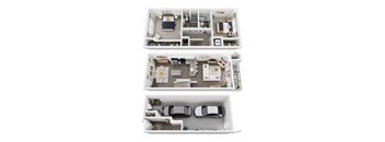 A top-down view of a house layout with a living room, kitchen, and two bedrooms.